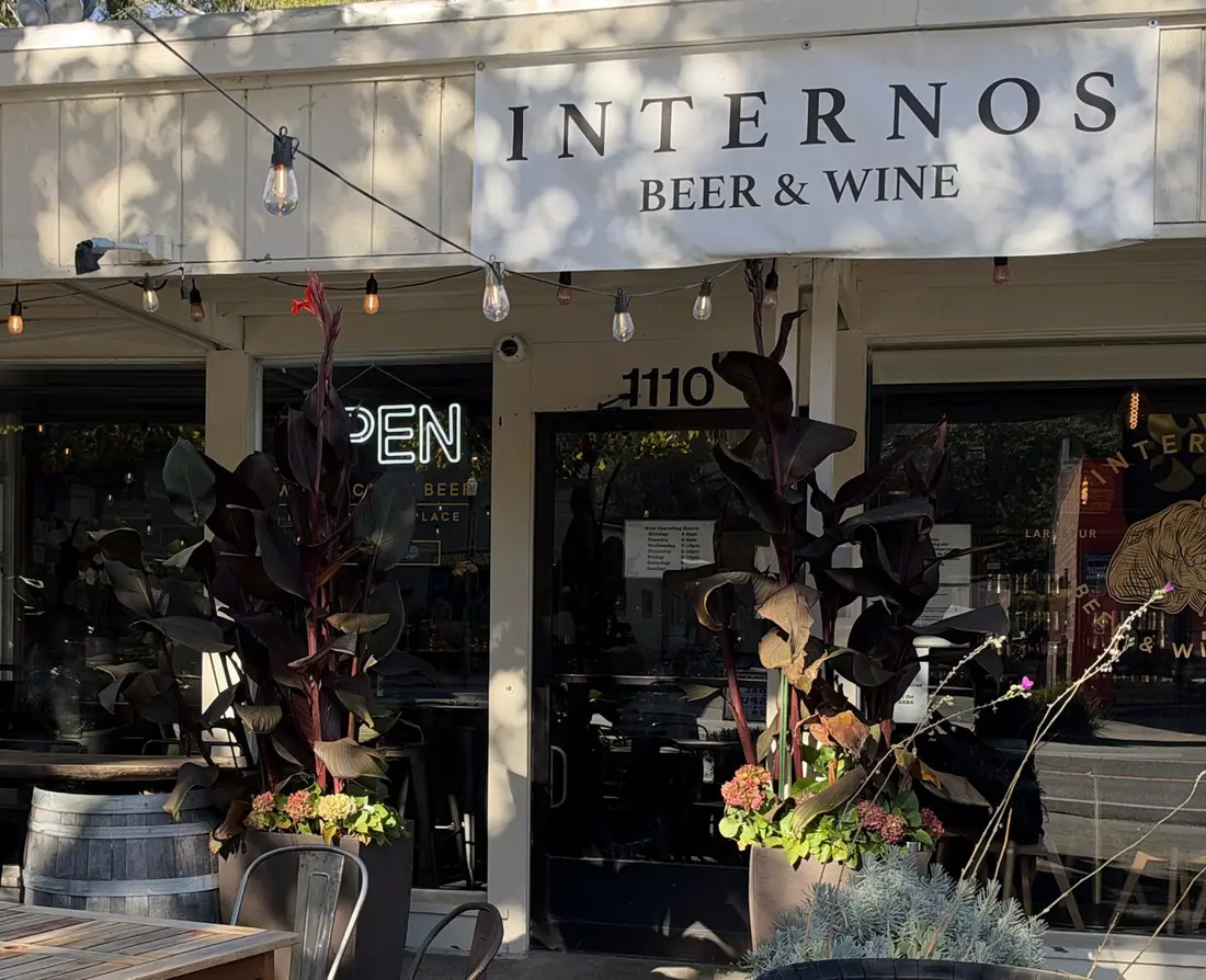 The Internos Beer & Wine sign and front door at 1110 Magnolia Avenue, with the neon Open sign lit